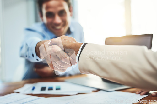 Image of Business people, handshake and meeting for partnership, deal or b2b agreement at the office. Businessman shaking hands for greeting, welcome or hiring in recruitment, teamwork or growth at workplace