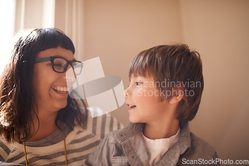 Image of Family, mother and son with love, talking and bonding with happiness, relax and communication. Female parent, mama and boy with joy, male child and kid with his mom, conversation and chatting at home