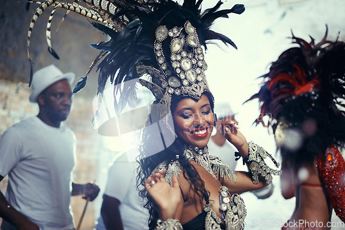 Image of Festival, carnival dancer and woman smile with music and social celebration in Brazil. Mardi gras, dancing and culture event costume with a young female person with happiness from performance