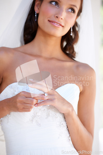 Image of Bride, wedding ring and marriage with a woman standing outdoor ready to get married during a ceremony of love. Event, jewellery or diamond with an attractive young person in celebration of commitment