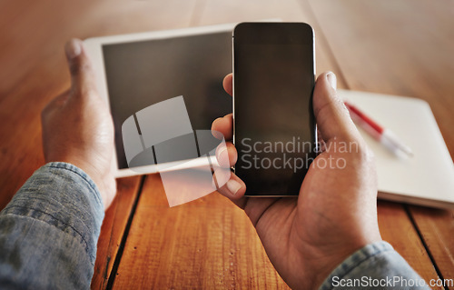 Image of POV, person and cellphone with a screen, tablet and social media with connection, network and digital chatting. Closeup, hands and technology for online reading, website search and mobile application