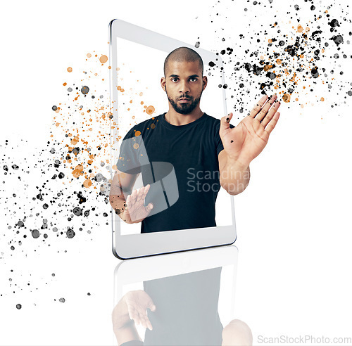 Image of Karate, phone app and portrait of a man with moves isolated on a white background in a studio. Serious, fitness support and a trainer gesturing for a fight on a mobile for training and a workout