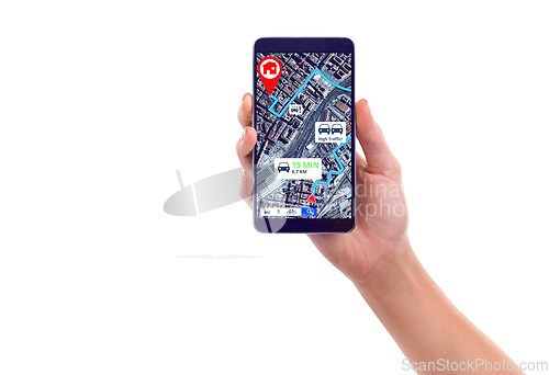 Image of Map, traffic and transport with a phone in hand for travel directions, location or navigation in studio. Mobile, taxi and search for an address with a person using satellite on a white background