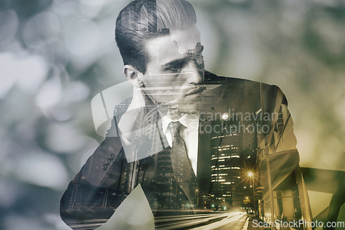 Image of Business man, city and double exposure for thinking employee with monochrome and art deco overlay. Urban, old school and corporate worker with ideas and person with skyline in black and white effect