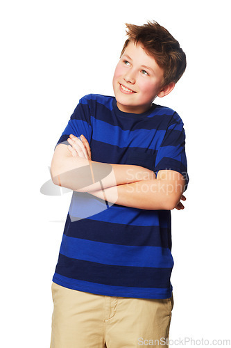 Image of Thinking, happy and a child with arms crossed and looking up isolated on a white background in a studio. Smile, contemplation and a young boy with happiness, confidence and pride in fashion clothes