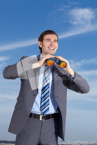 Image of Binoculars, happy and search for business man outdoor with happiness, smile and investigation. Future, searching and businessman in nature with investigate gear and opportunity vision ready for work