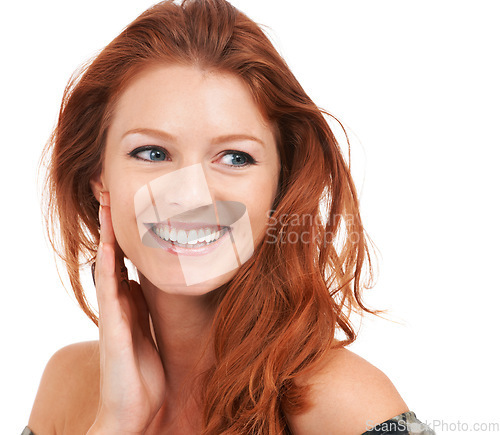 Image of Natural beauty, woman and happiness with cosmetics and pride in a studio. White background, thinking face and smile of a young female person with ginger hair and closeup with confidence and style