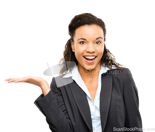 Image of Business woman, portrait or hand palm in promotion mock up, deal advertising space or marketing product placement. Smile, happy worker or corporate showing finance mockup on isolated white background