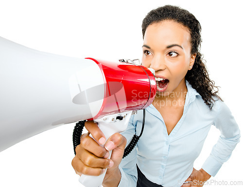 Image of Business worker, shouting or megaphone in attention, calling or notification alert on isolated white background. Black woman, yelling or screaming on speaker equipment of sales deal or promotion news