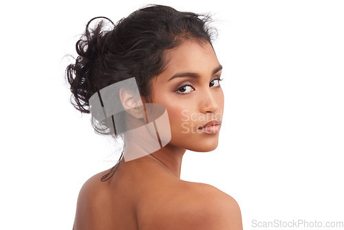 Image of Portrait, skincare and Indian woman with makeup, dermatology and salon treatment isolated against white studio background. Face, female person and girl with confidence, grooming routine and cosmetics