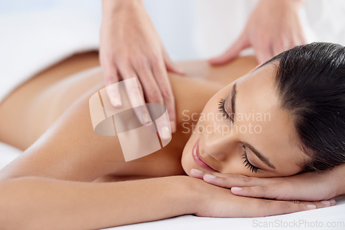 Image of Happy, luxury and woman with massage, self care and stress relief with salon treatment, grooming and wellness. Female person, client and lady with skincare, relax and health with peace at a resort