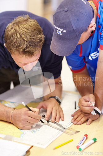 Image of Map, lifeguard teamwork and sea marine investigation with drawing and ruler on table. Sailing strategy, captain and boat worker with navigation paperwork with course planning and distance calculation