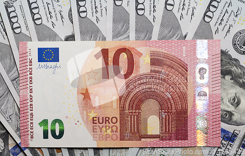 Image of ten euros and 100 dollars