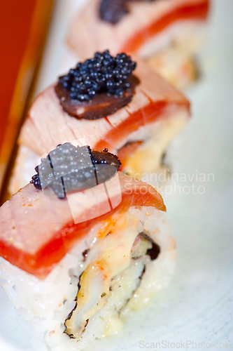 Image of fresh sushi choice combination assortment selection