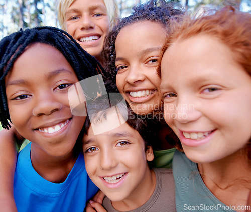 Image of Portrait, diversity and group with happiness, outdoor and teamwork with joy, wellness and kids with support. Face, young people and friends on a weekend break, multiracial and playful at summer camp