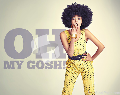 Image of Portrait, surprise and black woman with retro fashion, smile and announcement with excitement. Face, female person or girl excited, stylish outfit or trendy clothes with facial expression, omg or wow