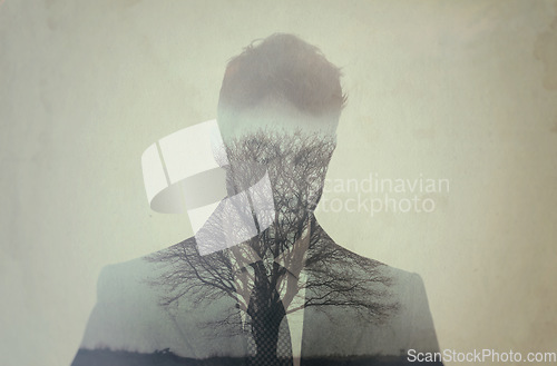 Image of Business man, double exposure and trees with suit, silhouette and sad for danger in environment. Sustainability, ecology and forrest with businessman, thinking and ideas with holographic overlay