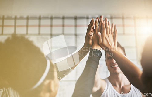 Image of Hands, high five and collaboration of people in gym for fitness, team building and solidarity. Teamwork, group of friends and celebration for exercise targets, goals or support, motivation or success