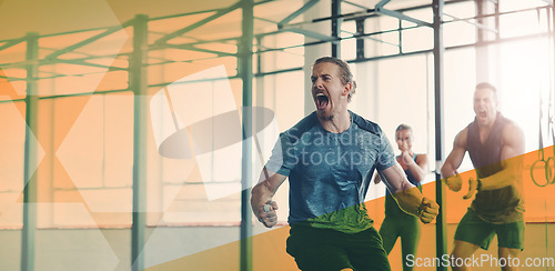 Image of Man, fitness and celebrate exercise or gym workout and training goals or win. Sports group happy about mockup overlay space for power challenge, success or achievement at health and wellness club