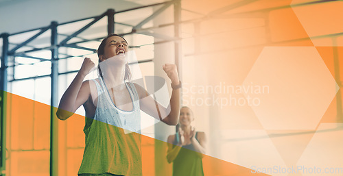 Image of Fitness woman, gym and celebrate success, exercise workout and training goals or win. Sports person happy about mockup overlay for power challenge, energy or achievement at health and wellness club