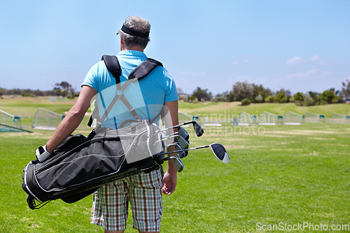 Image of Golf course, staff bag and rear view of senior man outdoors for training, sports and exercise routine. Behind, golfing and elderly male golfer at a park for retirement, hobby and sports practice