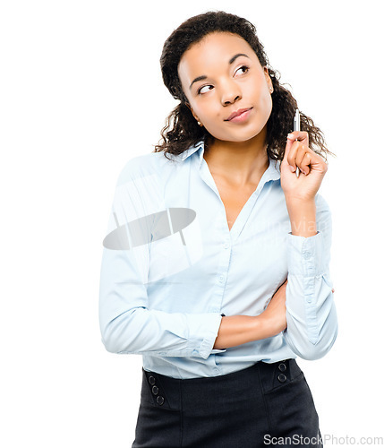 Image of Business woman, thinking and pen hand on isolated white background in finance growth goals, target or future vision. Corporate, worker and employee with ideas, financial strategy planning or mock up