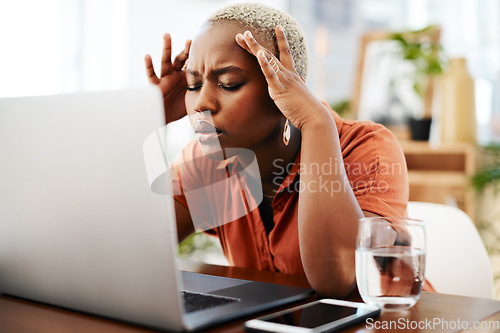 Image of Headache, stress and business black woman on laptop for error, 404 glitch and networking problem. Corporate office, communication and female worker with burnout, frustrated and mistake on computer