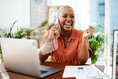 Image of Phone call, laugh and business black woman in office for contact, connection and network. Corporate, communication and happy female worker on smartphone for funny conversation, discussion and chat