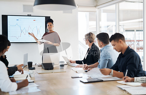 Image of Statistics, presentation and a black woman in a financial meeting, teaching and speaking in a seminar. Planning, strategy and an African boss talking about finance data with business people at work