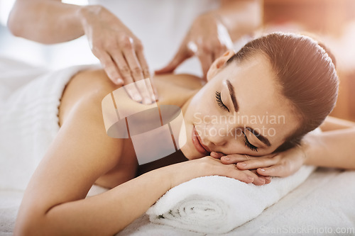 Image of Relax, calm and massage with woman in spa for wellness, luxury and cosmetics treatment. Skincare, peace and zen with female customer and hands of therapist for physical therapy, salon and detox