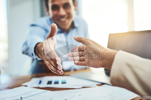 Image of Business people, handshake and meeting for partnership, b2b or deal agreement at the office. Businessman shaking hands in greeting, welcome or hiring in recruitment, teamwork or growth at workplace