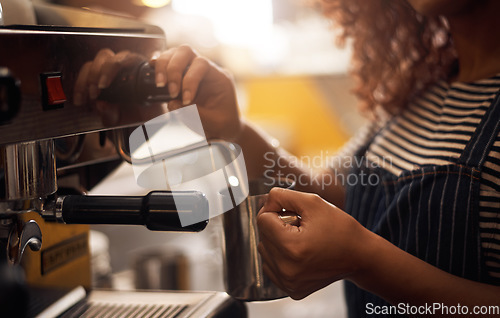 Image of Coffee machine, hands and barista steam milk in cafe for latte, espresso and cappuccino drinks. Closeup of waitress, jug and hot beverage for heating in caffeine process, restaurant service and store