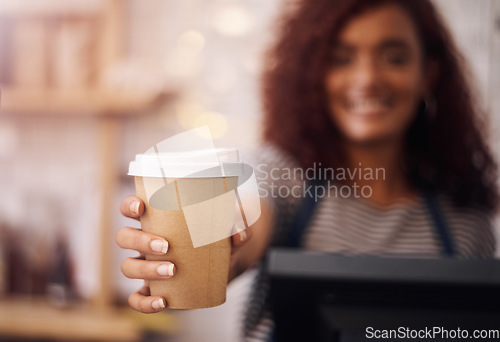 Image of Closeup of woman, waitress and service of coffee cup in cafeteria, restaurant shop and food industry. Hands of barista, server and giving cappuccino, latte and espresso order for catering of drinks