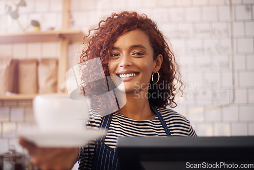 Image of Portrait of happy woman, waitress and cup of coffee in cafe, restaurant and food service industry. Face, barista, and female worker giving beverage of tea, catering drinks and smile in small business