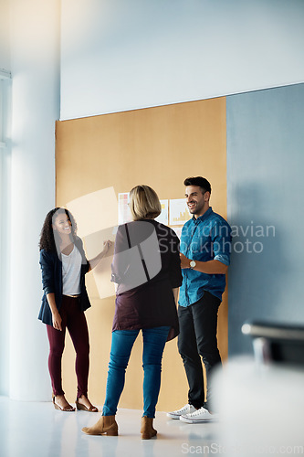 Image of Presentation wall, boss and happy people explain startup brand ideas, professional plan or project proposal to team leader. Group teamwork, happiness or business designer satisfied with growth report