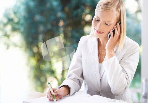 Image of Writing, phone call and business woman in office for planning, schedule and communication. Technology, administration and contact with female employee and notebook for concierge, journal or reception