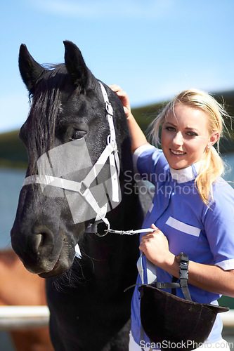Image of Happy, sports and portrait of woman and horse for equestrian, competition and celebration. Happiness, smile and animal show with female jockey and stallion for achievement, performance and training