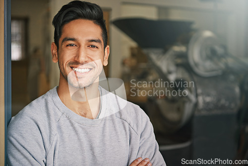 Image of Portrait, happy and a man coffee shop owner standing in the entrance to his cafe for service or retail. Face, smile or mockup with a handsome young male entrepreneur working in his startup restaurant