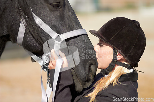 Image of Horse kiss, trainer and woman on equestrian training and competition ground with a pet. Outdoor, female and show horses stable with girl and animal before riding with helmet showing love and care