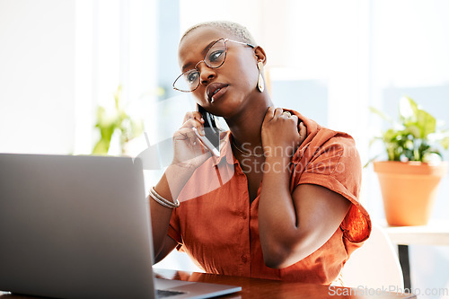 Image of Phone call, stress and business black woman with laptop for error, mistake and network problem. Corporate office, communication and female worker with burnout, neck pain and confused in conversation