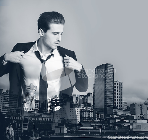 Image of Business man, double exposure and skyline for suit style employee with mock up. Male worker, prepare and urban cityscape with downtown overlay on corporate businessman in black and white art effect