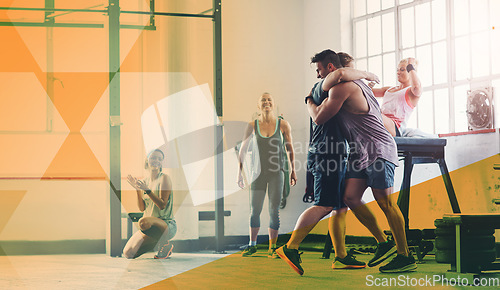 Image of Gym, fitness and hug to celebrate success with exercise, workout and training goals or win. Sports men and women happy for power challenge, support or achievement at wellness club with mockup overlay