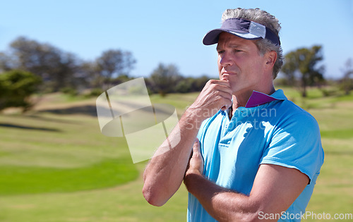 Image of Man, thinking and strategy for golf on grass with vision, ideas and outdoor for sports, exercise or contest. Senior male golfer, decision and planning for game, competition or workout with sport