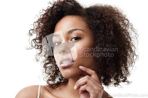 Image of Skincare, face and portrait of African woman on white background with cosmetics, glowing skin and glamour. Natural makeup, beauty mockup and beautiful, attractive and confident female model in studio