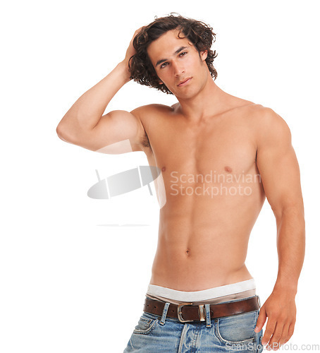 Image of Sexy, jeans and shirtless with portrait of man for fashion, fitness and casual style. Health, body and muscle with male model isolated on white background for strong, diet and training mockup