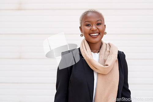 Image of Portrait, business and black woman with a smile, career and startup success against a white background. Face, female person and employee with happiness, confident and professional with entrepreneur