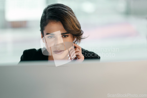 Image of Business woman, computer and thinking, ideas and online management for software check, review or solution in office. Confused, focus and problem solving of professional worker or person on desktop pc