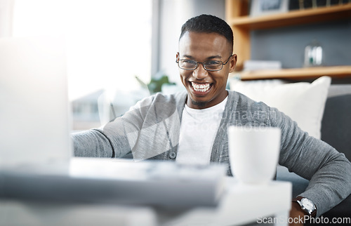 Image of Computer, home and man or student e learning, online course and happy college or university application in living room. Person on floor and laptop reading feedback for education or scholarship