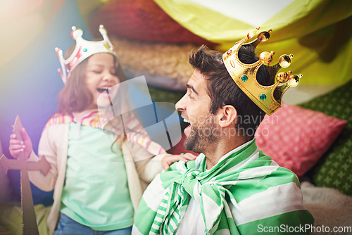 Image of Fantasy, child dress up and dad with princess fun in a bedroom fort with costume, girl and papa together. Play castle, happiness and smile with father and child in home laughing and happy about game