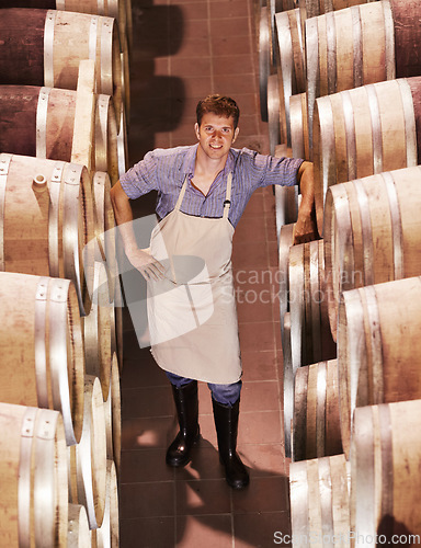 Image of Man, wine and cellar portrait smile at work in alcohol industry as an employee at warehouse. Winery, expert and storage plant as a worker for job as profession in catering drink for happiness.